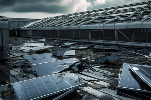 Ein durch Sturm beschädigtes Dach mit Solarzellen